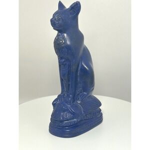 Vintage Egyptian Bastet Cat on Scarab Figurine Blue Lapis Style Decor Large